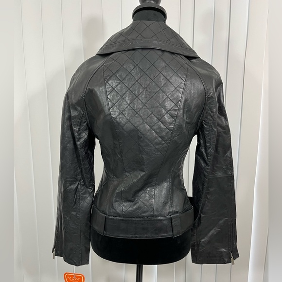 BLANC NOIR Quilted Leather Moto Jacket Belted Zip Up Lined Buckles Black Size S - Picture 4 of 9